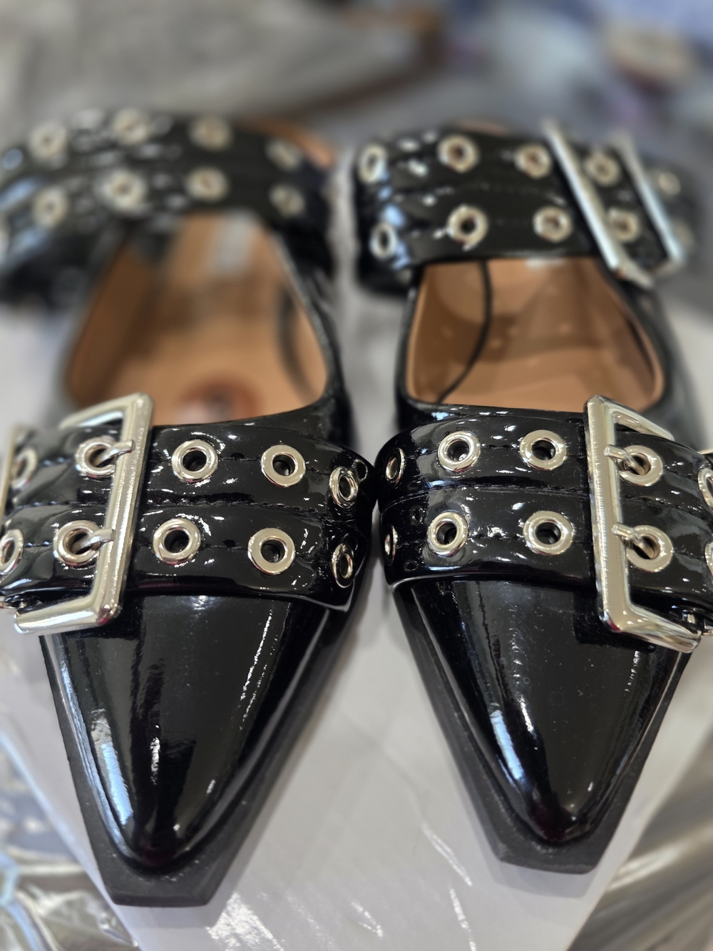 Patent Black Pointed Buckle Flats with Eyelet Detail - Women